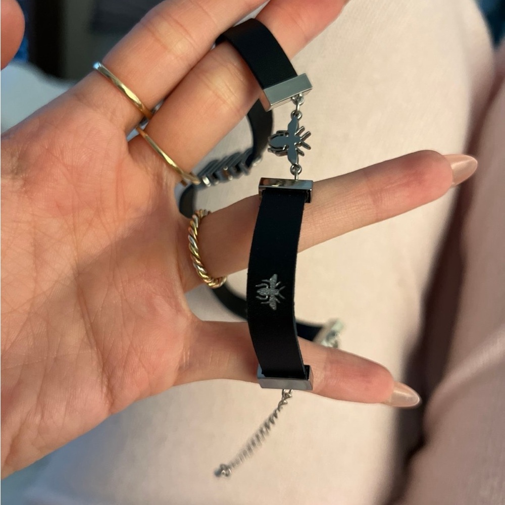 DIOR BEE CALFSKIN LEATHER BRACELET Double Wrap Dark Navy & Silver - Picture 4 of 7